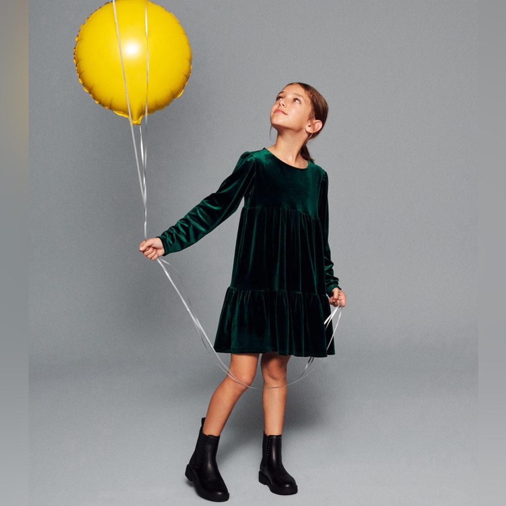 Mango girls green ruffled velvet dress